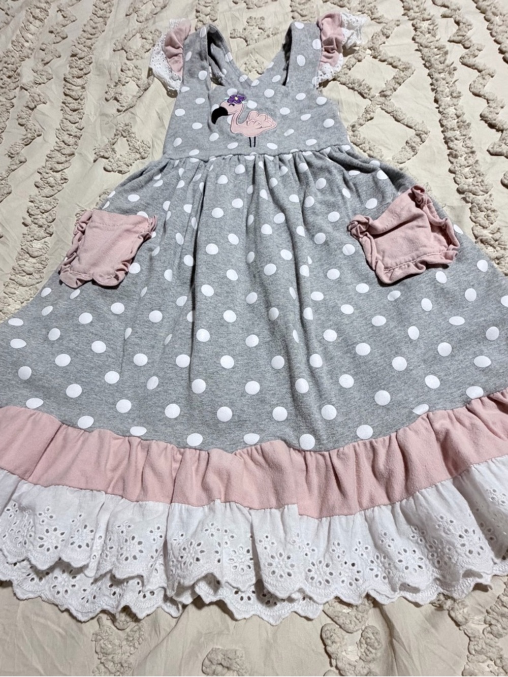 Source Unknown Gray Polka Dot Dress with Pink Trim and Flamingo